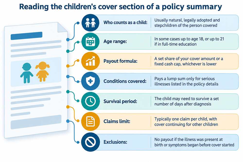 A critical illness policy summary document showing the list of conditions covered for children