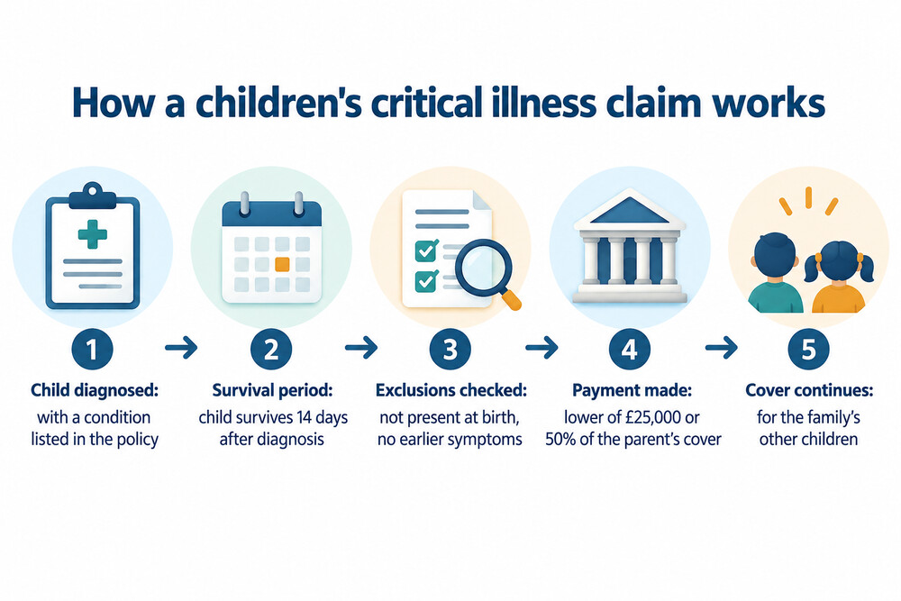 A diagram of the steps in a children's critical illness claim, from diagnosis through the survival period to payment