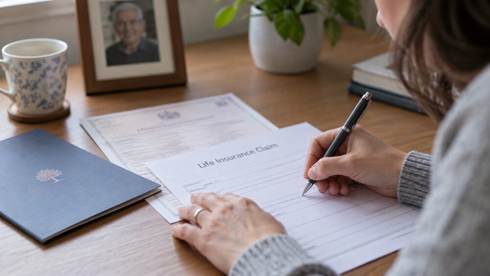 Older woman at a writing desk reads a bank statement beside a folder.
