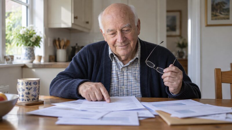 Older man at a kitchen table looks through bank statements and envelopes.