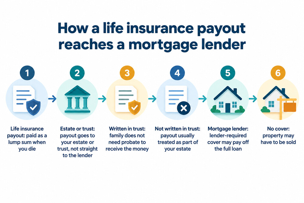 A simple diagram showing a life insurance lump sum being paid to an estate or trust, and from there to a mortgage lender