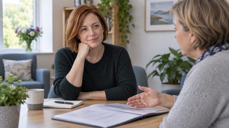 Woman sits at a table with a support adviser and an open policy folder.