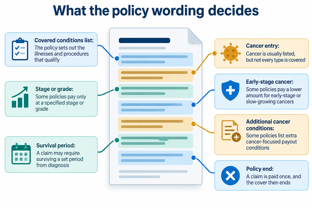 A policy document showing a list of covered conditions with cancer highlighted