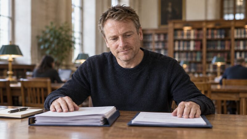 A man sits at a library table comparing two open policy folders, one thicker than the other.