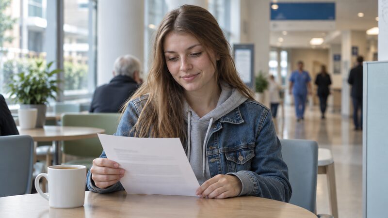 A young woman reads a letter at a café table in a hospital concourse, looking calm.