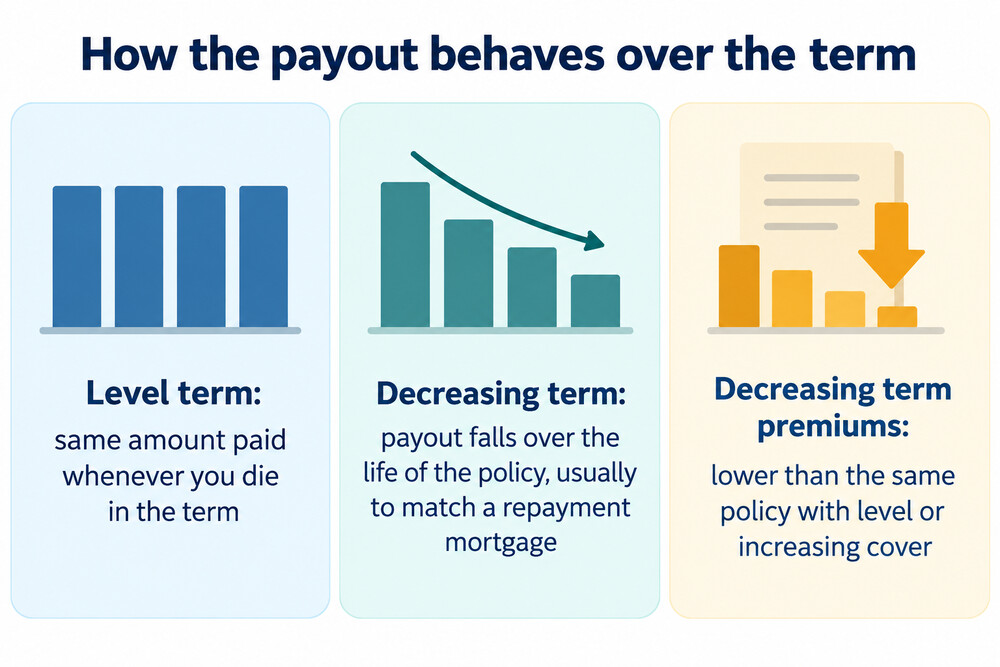 A line graph comparing a level payout staying flat against a decreasing payout falling in step with a repayment mortgage balance