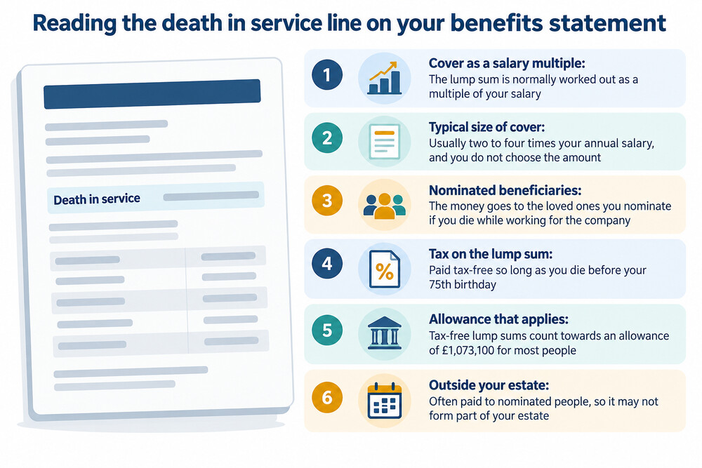 An illustration of a workplace pension statement showing a death in service benefit figure alongside salary details