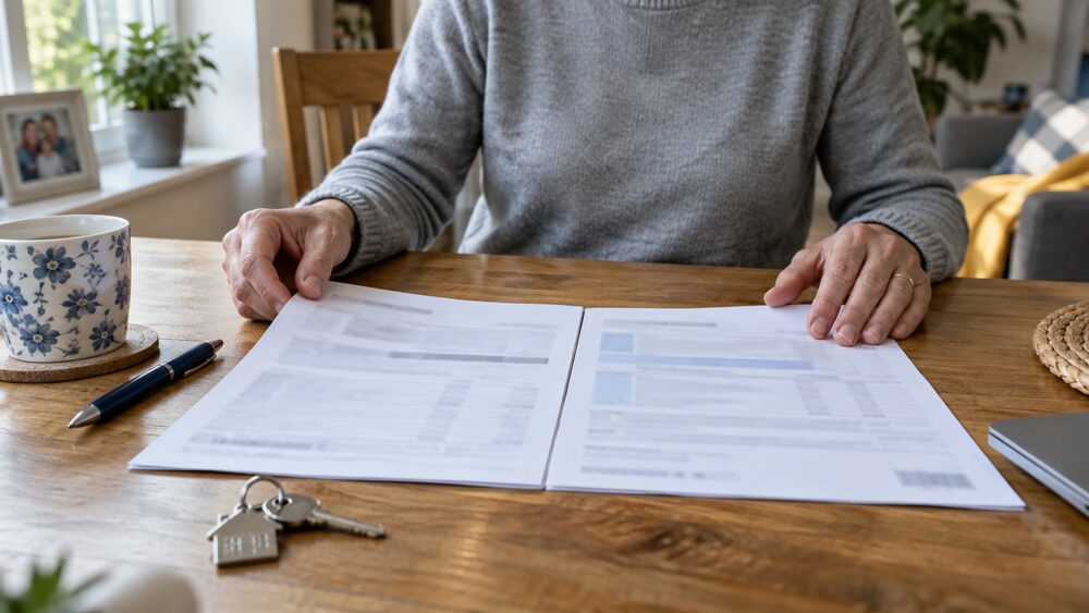 Hands align a mortgage statement and a policy schedule on a table, with a house key nearby.