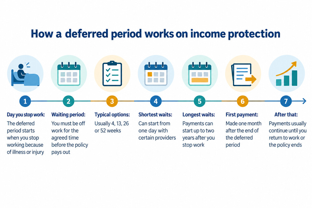 A timeline showing a deferred period running from the first day off work to the first benefit payment
