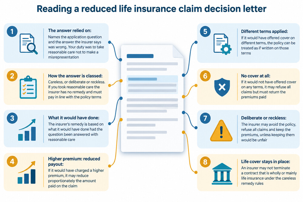 A letter from an insurer explaining that a claim has been reduced or declined because of a misrepresentation on the application
