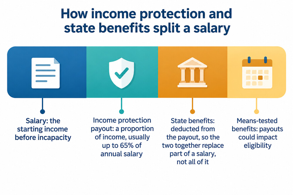 A simple diagram showing a salary split into the part an income protection policy pays and the part state benefits cover
