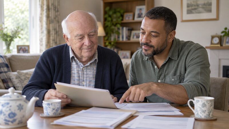 A family member sitting with an older relative, going through insurance policy paperwork together at a kitchen table