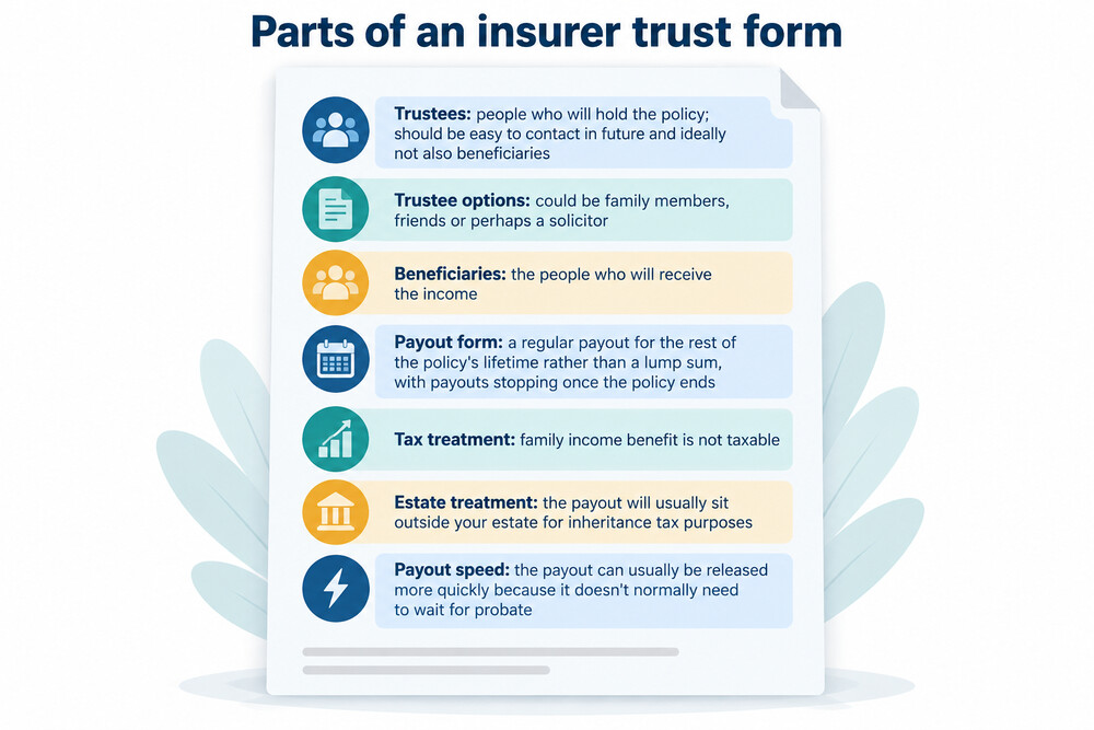 A completed insurer trust form with the trustees and beneficiaries sections highlighted