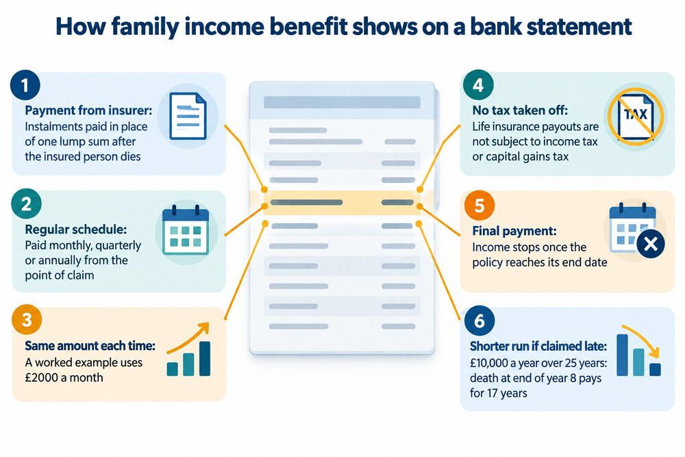 A calendar and monthly payment schedule showing income arriving each month until a policy end date