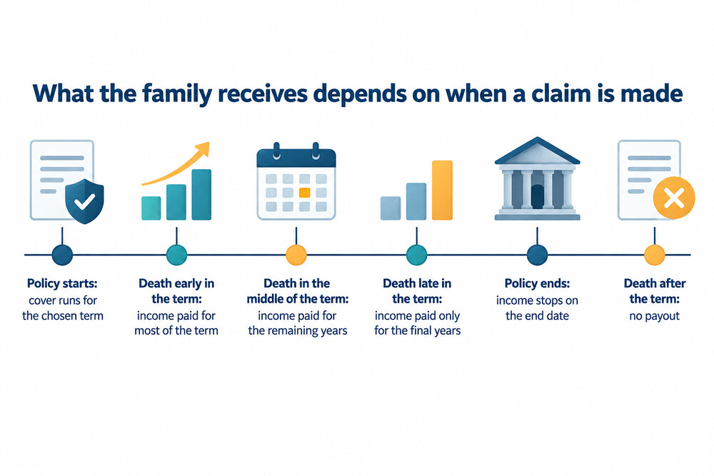 How the total payable on a family income benefit policy falls as the term runs on