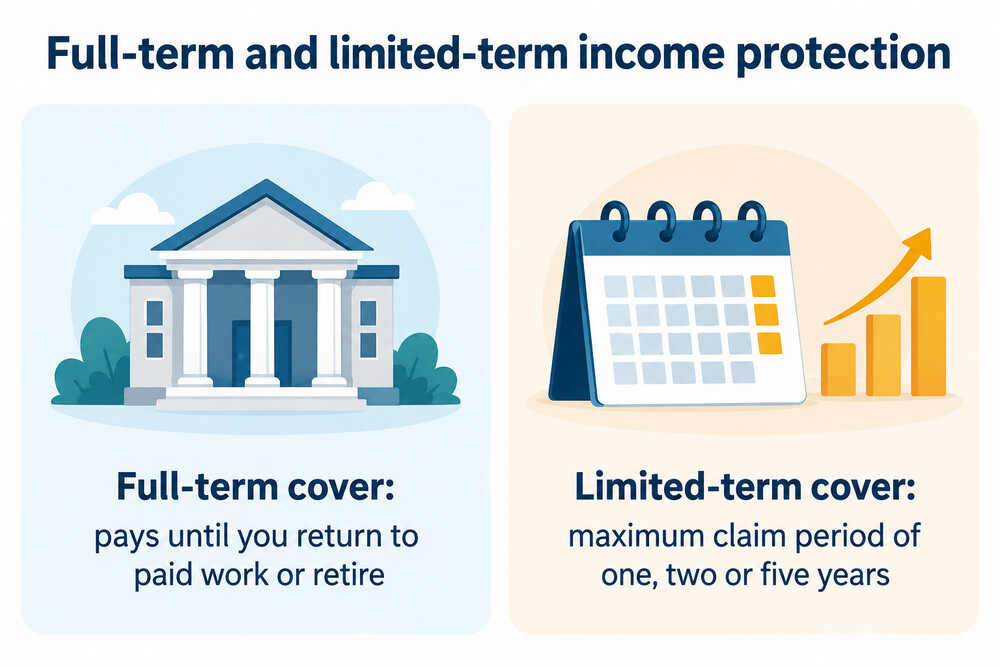 A comparison of full-term income protection, which pays until retirement or a return to work, and limited cover, which stops after a set number of years