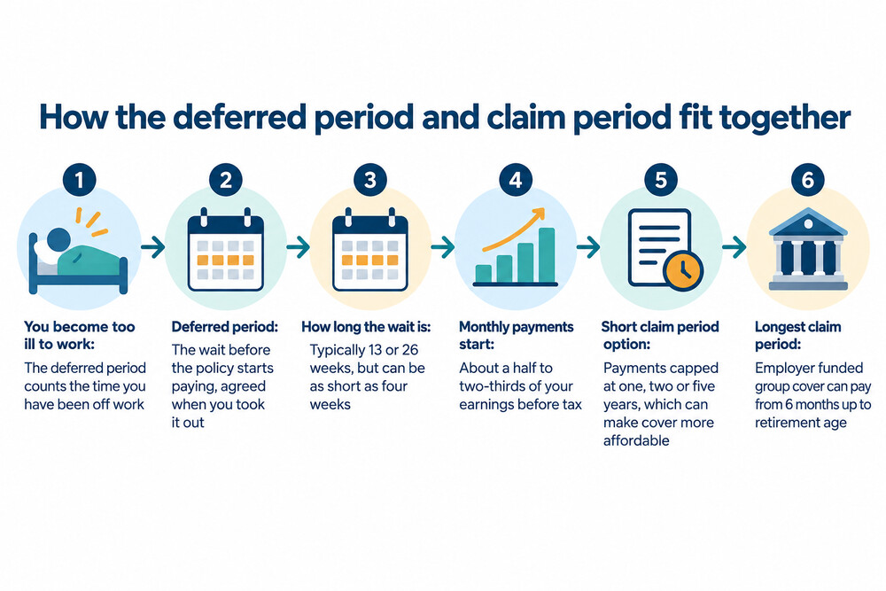 A timeline showing someone falling ill, waiting through the deferred period, then receiving monthly payments until they return to work