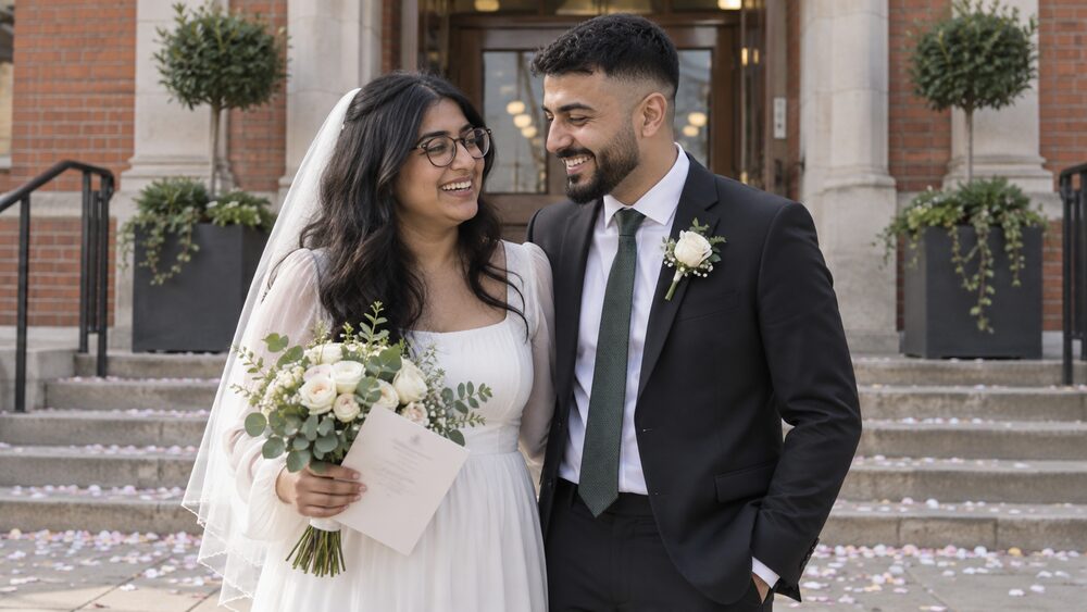 A newly married couple laugh on register office steps amid scattered confetti.