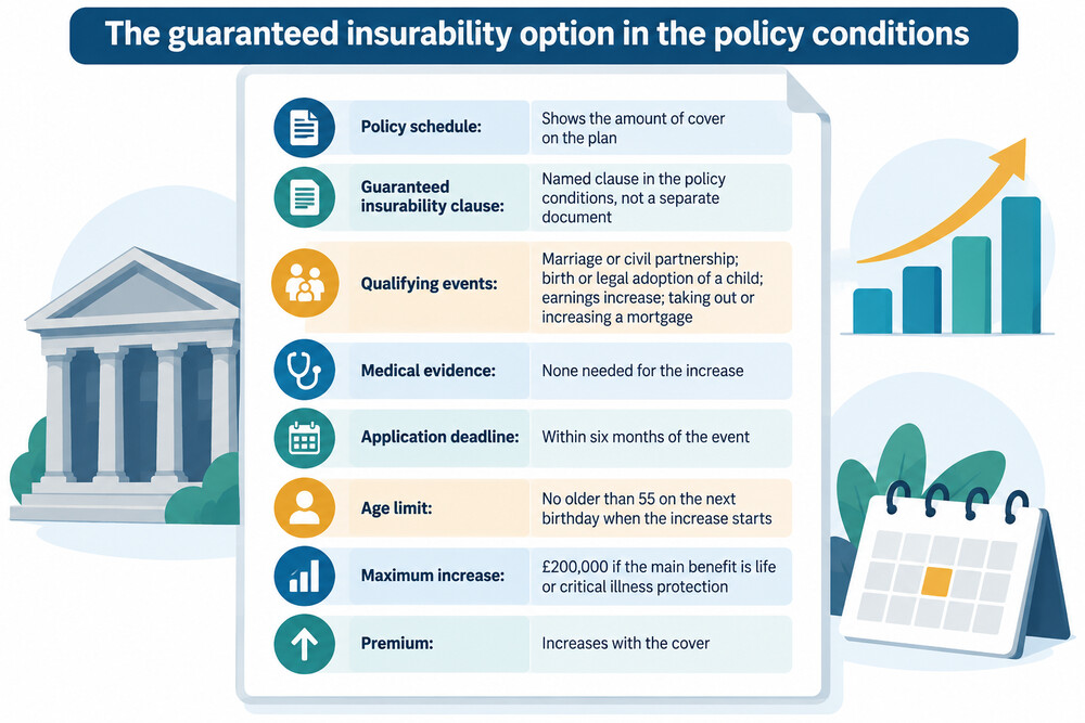 A policy schedule with the guaranteed insurability option highlighted in the terms