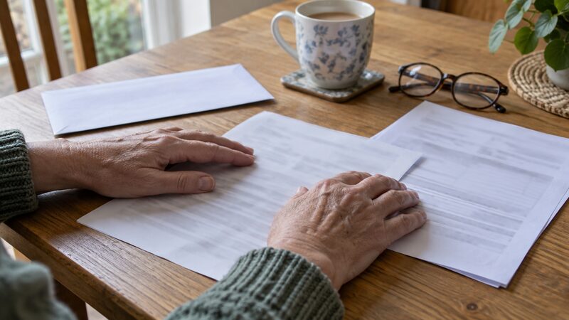 Hands smooth out a fit note and claim form on a table, with an envelope and tea nearby.
