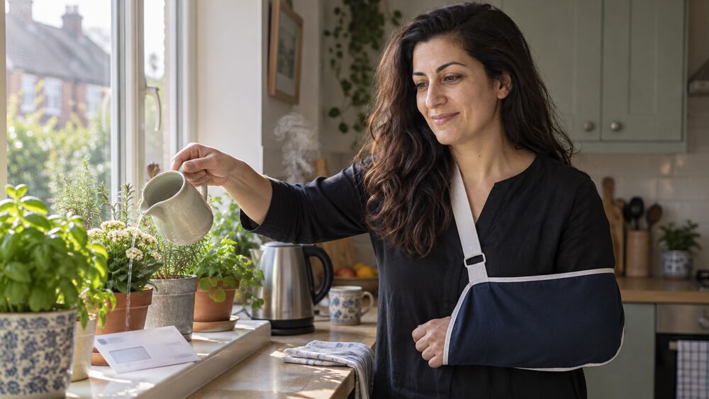 A woman with her arm in a sling waters plants at a kitchen windowsill.