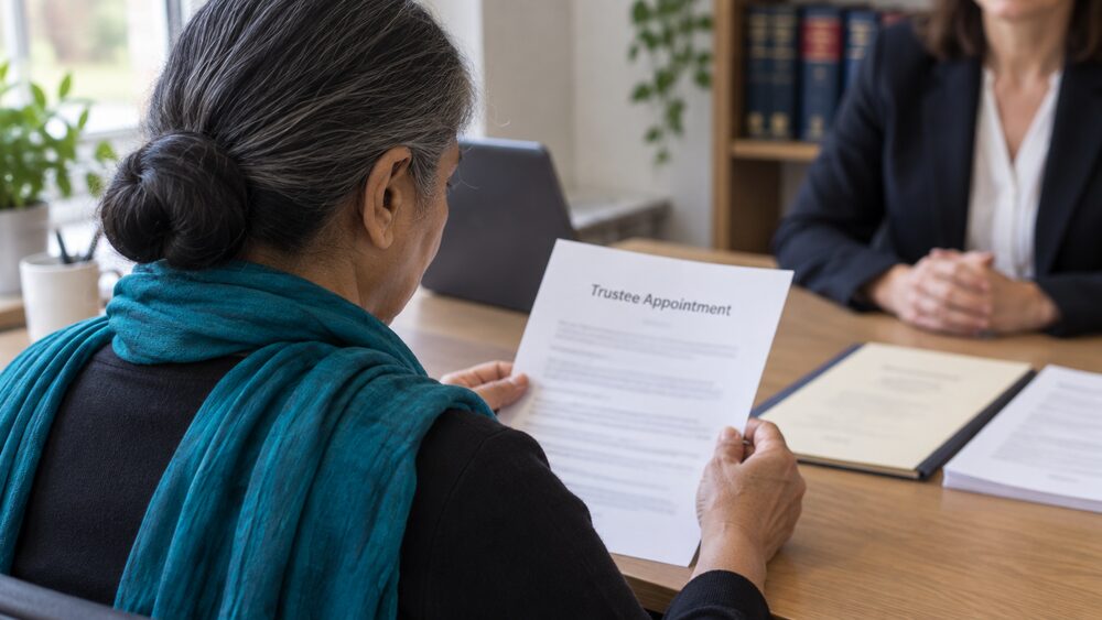 Four chairs and document folders around a table in a panelled meeting room.