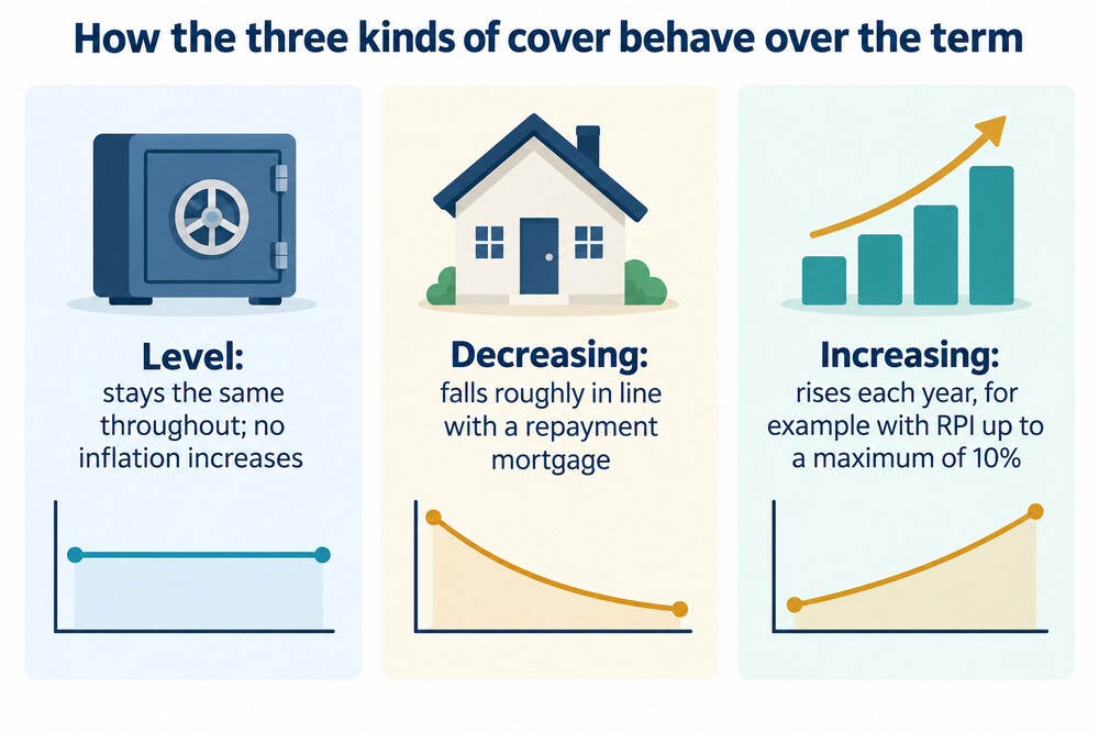 A three-line chart showing level cover flat, decreasing cover falling and increasing cover rising over a policy term
