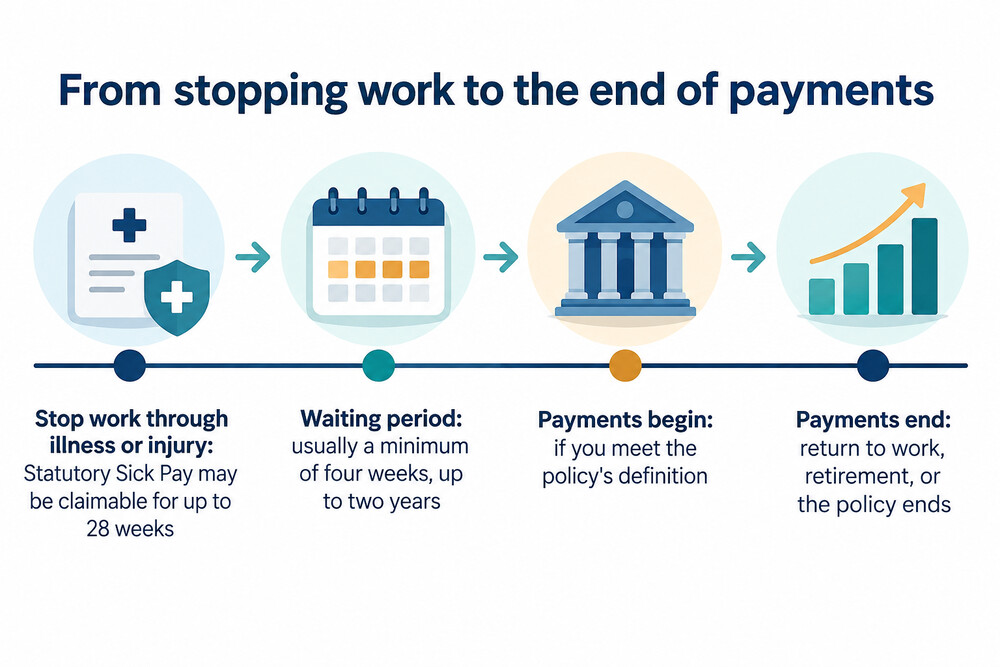 Timeline of an income protection claim from stopping work to payments ending