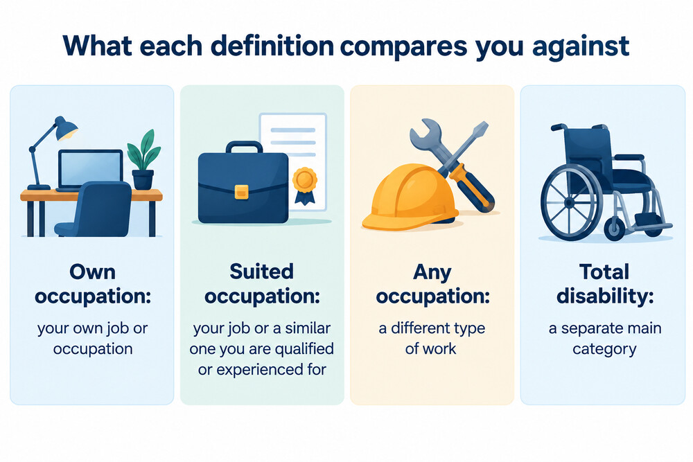 How the four income protection definitions compare, from narrowest to widest test