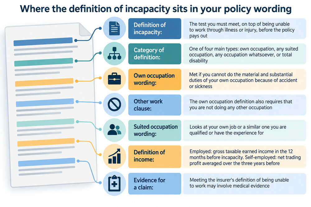 A policy document open at the definition of incapacity section, with a pen resting on the page