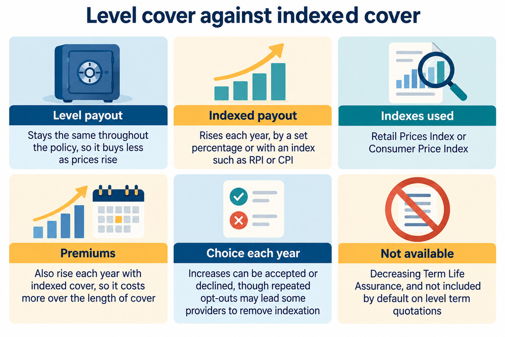A line graph showing a level payout staying flat while an indexed payout rises year on year