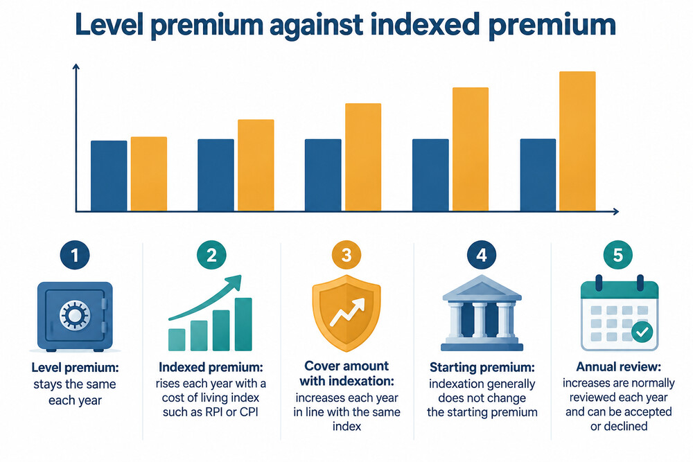 A bar chart comparing a level premium held flat against an indexed premium rising each year
