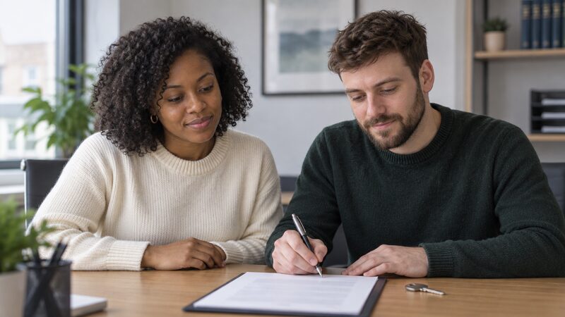 Two people sit at an office table with a document and a house key, finalising a mortgage transfer.