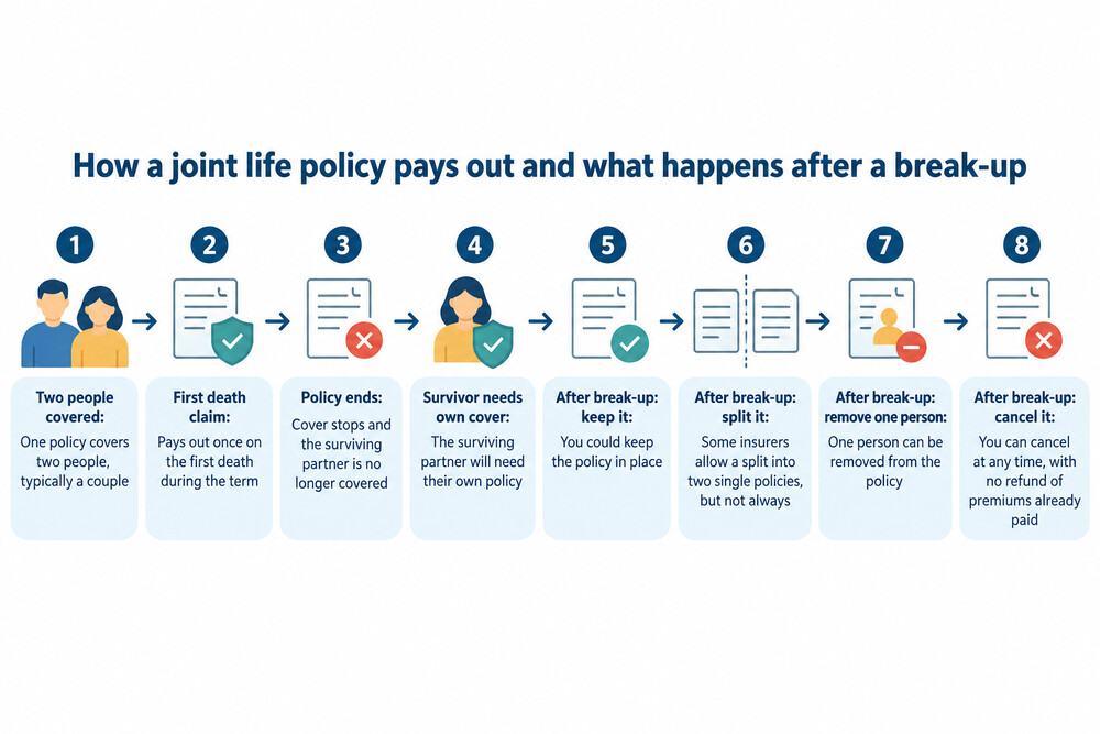 A couple's joint life policy shown as one contract covering two people, paying out once on the first death