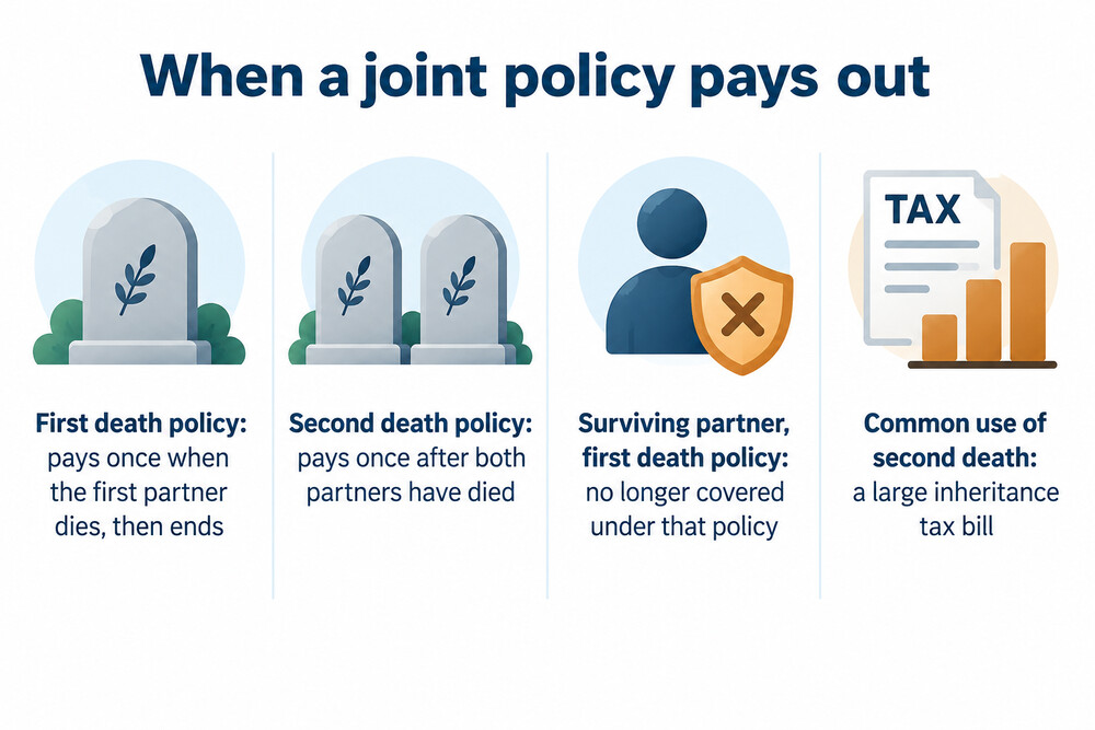 Two timelines side by side, one showing a policy paying on the first partner's death and ending, the other paying only after both partners have died
