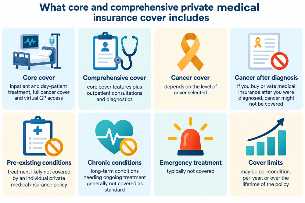 A comparison of what core and comprehensive private medical insurance cover includes