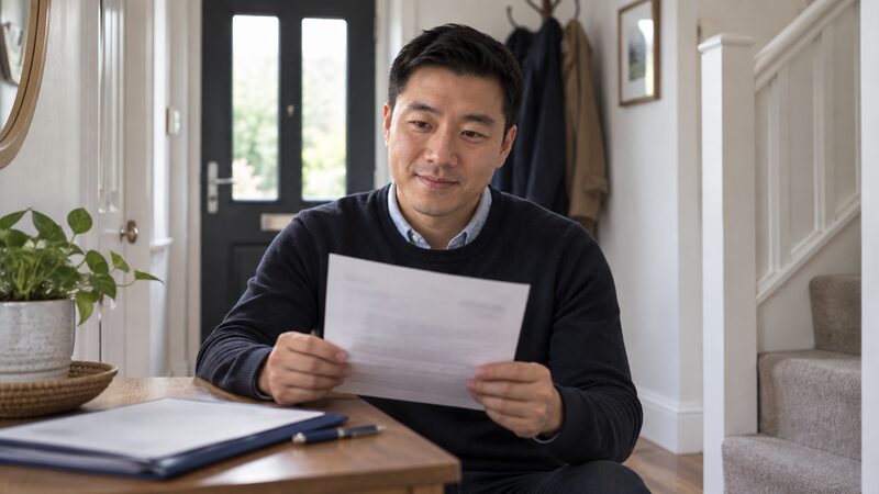 A man sits at a small table in a hallway reading a letter, a folder and pen beside him.