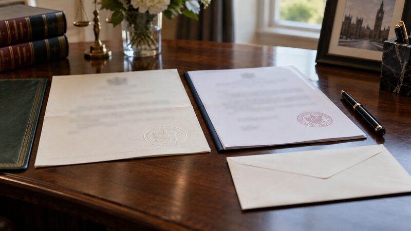 Two blurred documents with a seal and stamp lie side by side on a wooden desk with a pen.