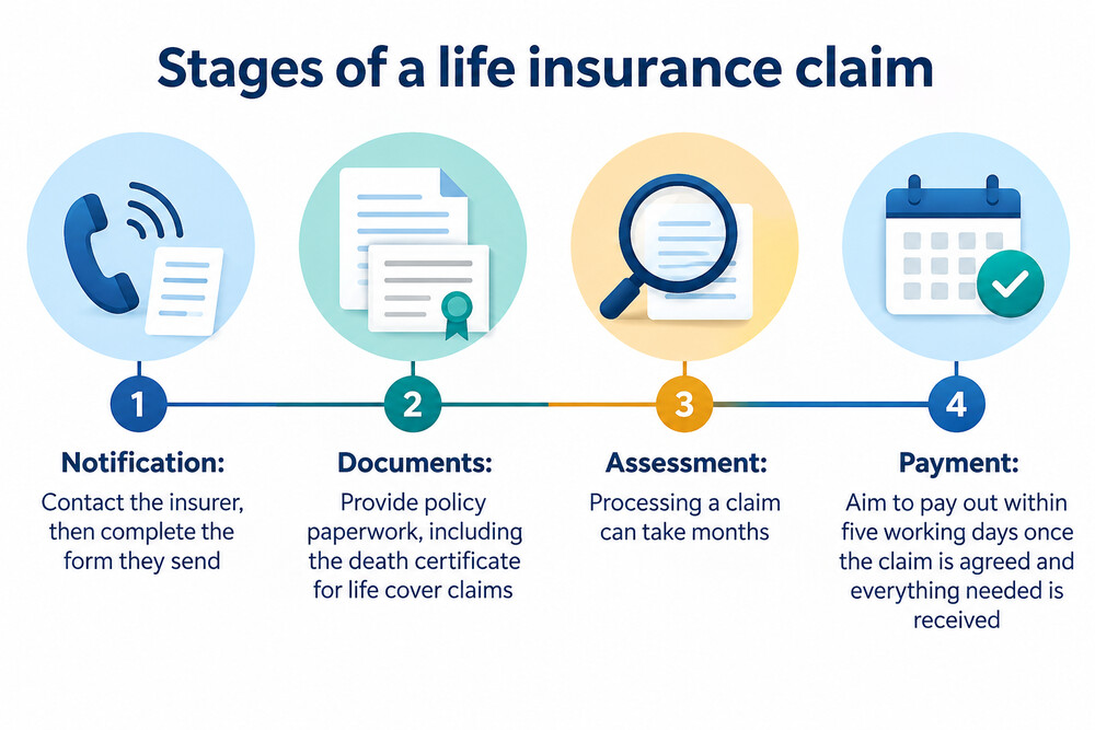 A simple timeline showing the stages of a life insurance claim from notification to payout