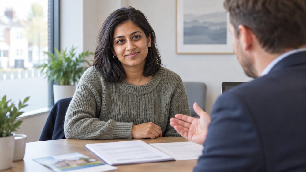 A woman sits across a table from a mortgage adviser with papers between them in an office.