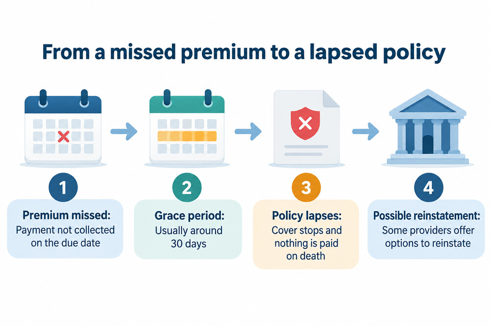 What happens after a life insurance premium is missed, from the due date to the policy lapsing