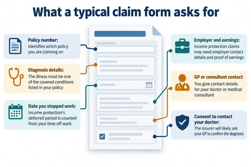A protection insurance claim form with sections for personal details, policy number and medical information