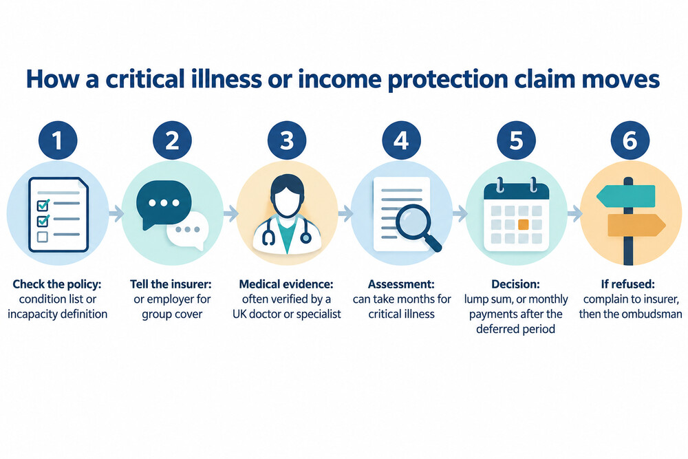 A flow diagram showing the steps of a protection insurance claim from checking the policy to the insurer's decision
