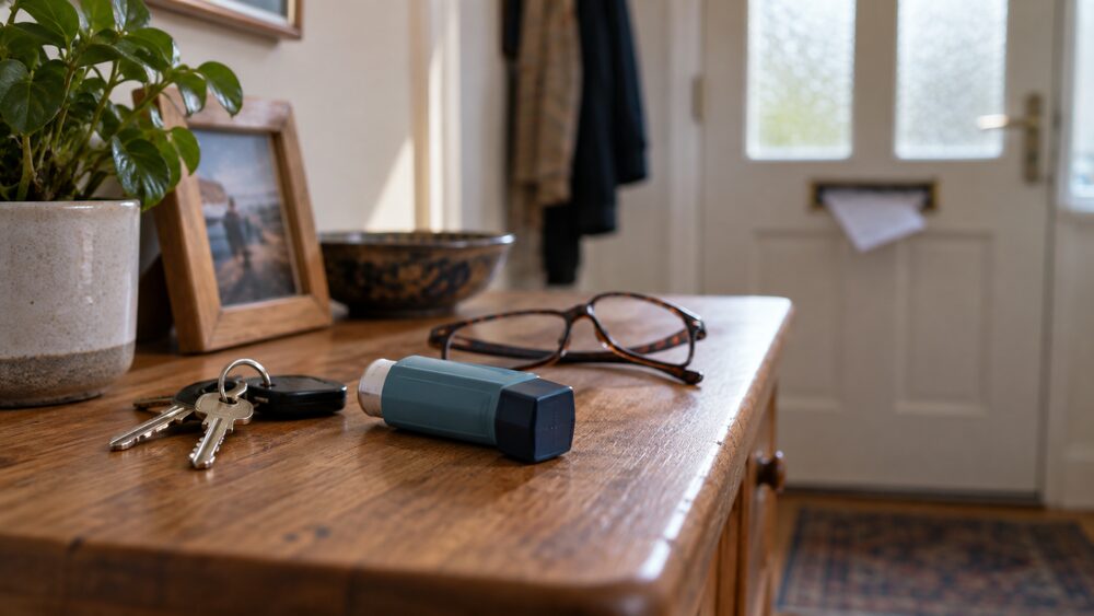 An inhaler, keys and glasses on a hall table beside a front door.