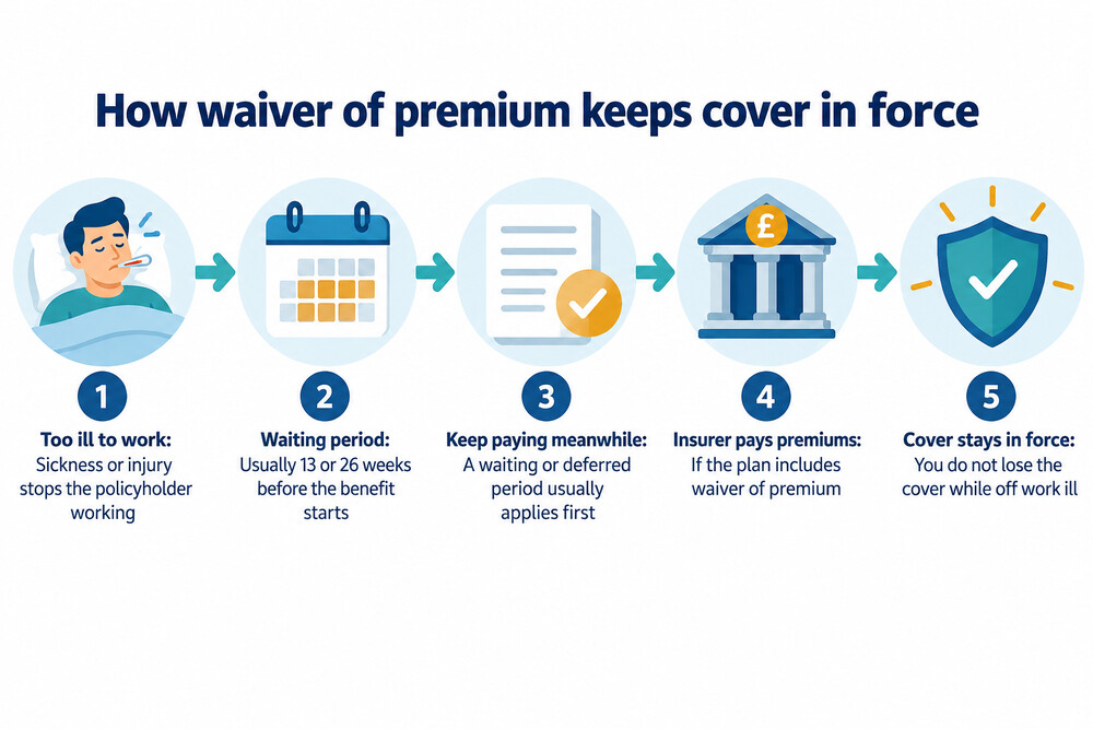 A diagram showing waiver of premium stepping in to pay a policy's premiums while the policyholder is too ill to work