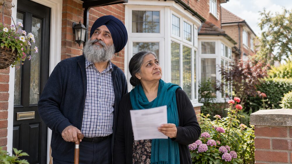 An older couple stand on their doorstep looking up at the house.