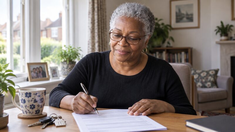 An older woman sits at a desk by a window filling in a paper application form with a pen.