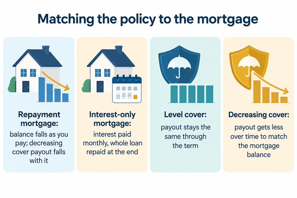 How a decreasing and a level policy compare against repayment and interest-only mortgages