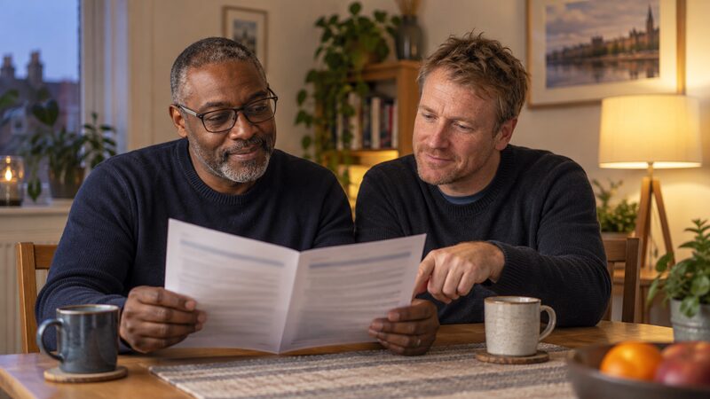 Two men sit at a dining table in the evening reading an open policy document together.