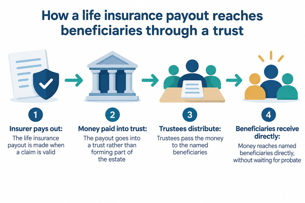 A diagram showing a life insurance payout passing through a trust rather than through probate